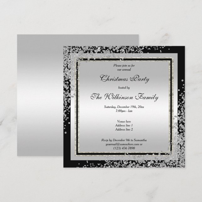 Glitzy Silver Confetti Corners Christmas Invitation (Front/Back)