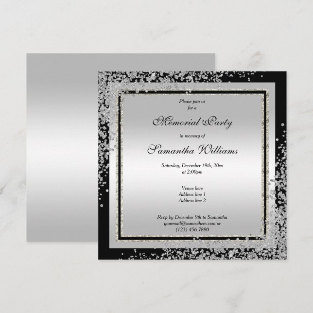 Glitzy Silver Confetti Corners Memorial Party Invitation (Front/Back)