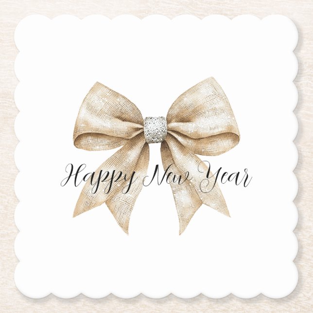 Glitzy Silver Cream Bow New Year's Eve Paper Coaster (Front)
