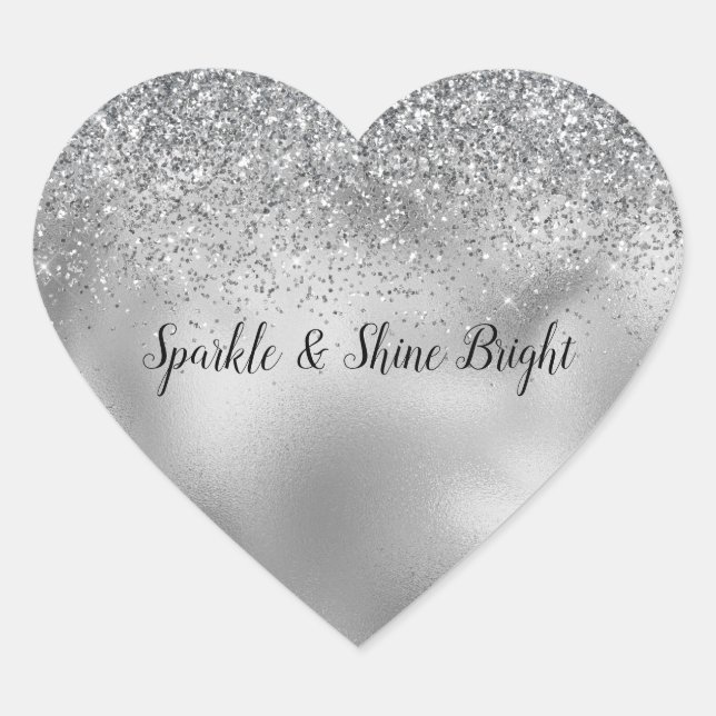 Glitzy Silver Glam Sparkle Glitter Heart Sticker (Front)