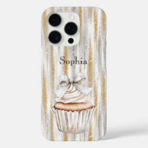 Glitzy Silver Gold Stripes White Cupcake Bow   iPhone 16 Pro Case