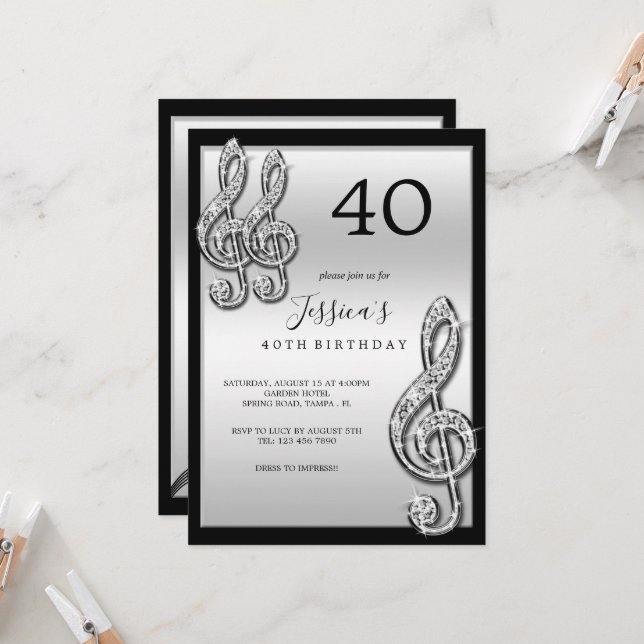 Glitzy Silver Music Notes Birthday Invitation (Front/Back In Situ)