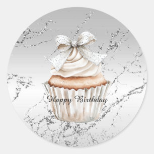 Glitzy Silver White Cupcake Bow Birthday Classic Round Sticker