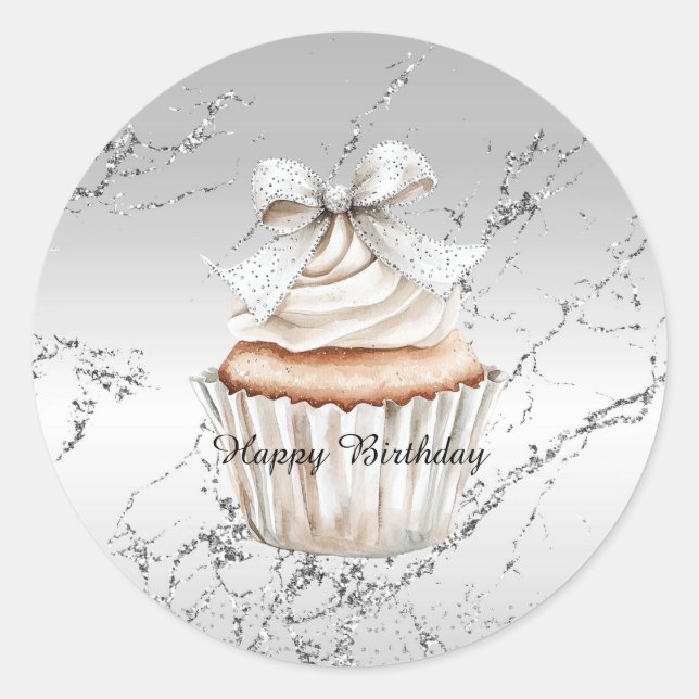 Glitzy Silver White Cupcake Bow Birthday Classic Round Sticker (Front)