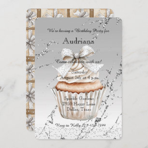 Glitzy Silver White Cupcake Bow Birthday Invitation