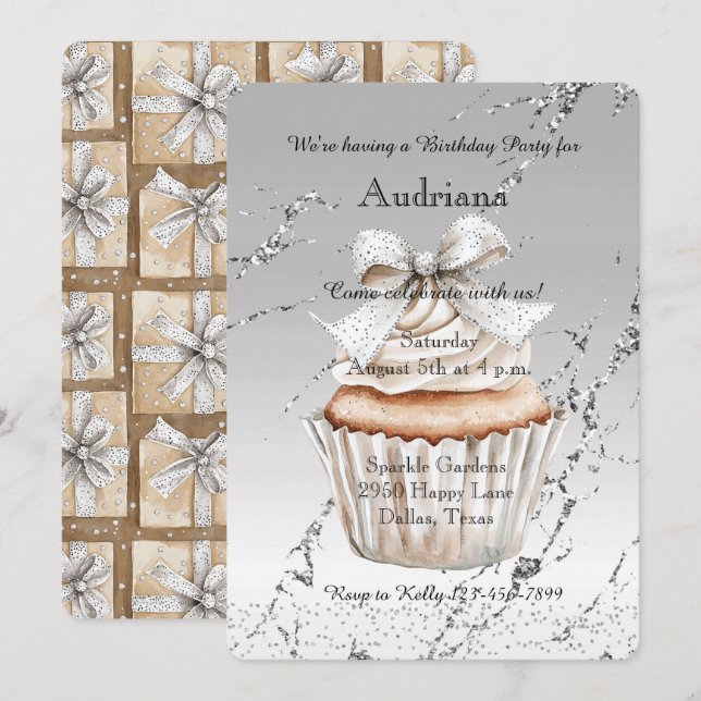 Glitzy Silver White Cupcake Bow Birthday Invitation (Front/Back)