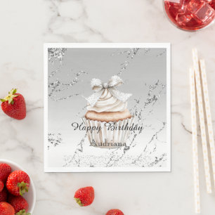 Glitzy Silver White Cupcake Bow Birthday Napkin