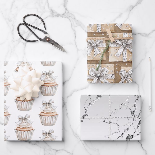 Glitzy Silver White Cupcakes Bow Birthday Wrapping Paper Sheet (Front)