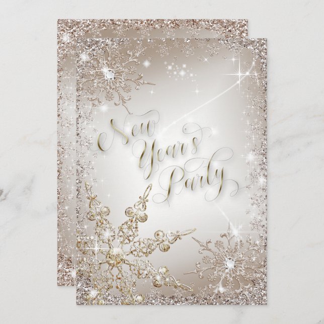 Glitzy Snowflakes Gold New Year's Eve  Party Invitation (Front/Back)