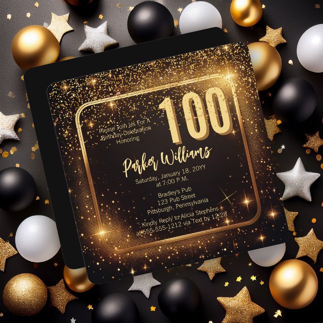 Glitzy Sparkles | Stars Gold 100th Birthday Party Invitation (Glitzy Sparkles Black and Gold Tone Modern Elegant 100th Birthday Party Square Invitation )