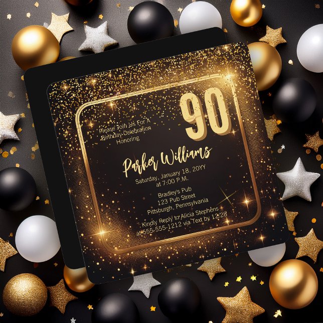 Glitzy Sparkles | Stars Gold 90th Birthday Party Invitation (Glitzy Sparkles Black and Gold Tone Modern Elegant 90th Birthday Party Square Invitation )