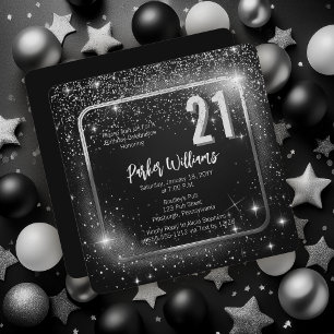 Glitzy Sparkles   Stars Silver 21st Birthday Party Invitation