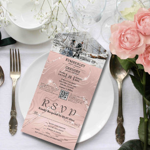 Glitzy Sparkly Blush Pink Silver Photo QR Code All In One Invitation