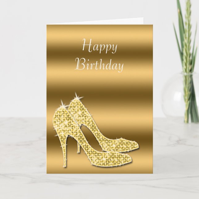 Glitzy Sparkly Gold Stiletto Shoes Birthday Card (Front)