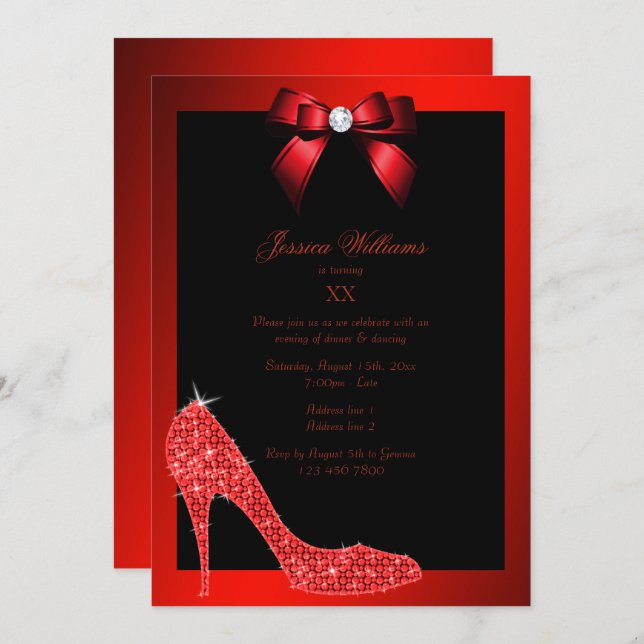 Glitzy Sparkly Stiletto, Red Bow Birthday Party Invitation (Front/Back)