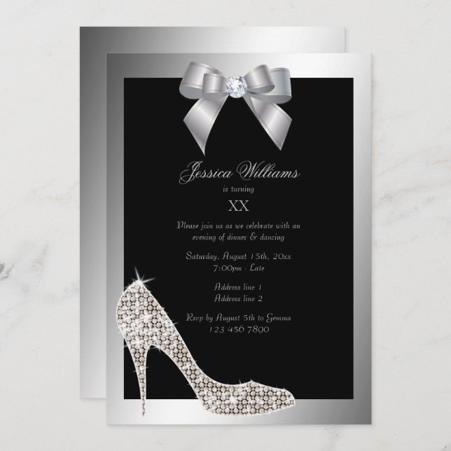 Glitzy Sparkly Stiletto, Silver Bow Birthday Party Invitation (Front/Back)