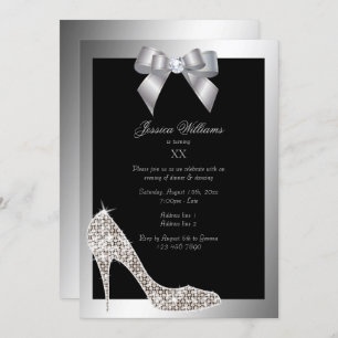 Glitzy Sparkly Stiletto, Silver Bow Birthday Party Invitation