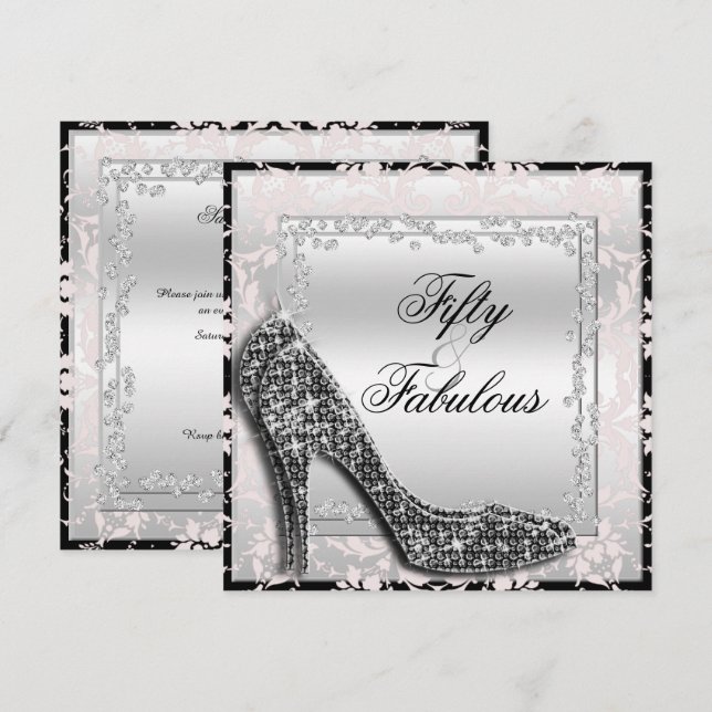 Glitzy Stilettos, Diamonds & Damask Fabulous 50 Invitation (Front/Back)