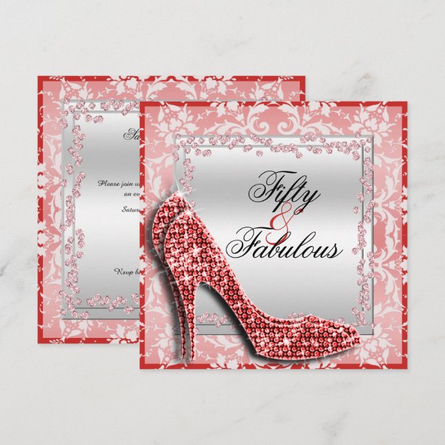 Glitzy Stilettos, Diamonds & Damask Fabulous 50 Invitation (Front/Back)