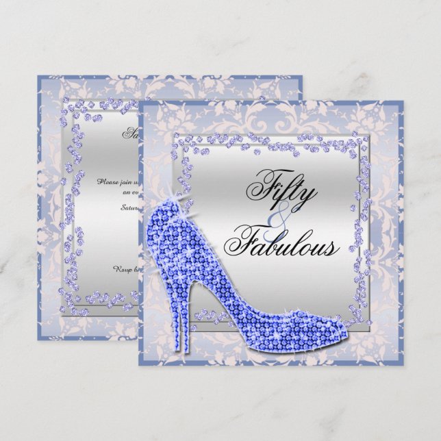 Glitzy Stilettos, Diamonds & Damask Fabulous 50 Invitation (Front/Back)