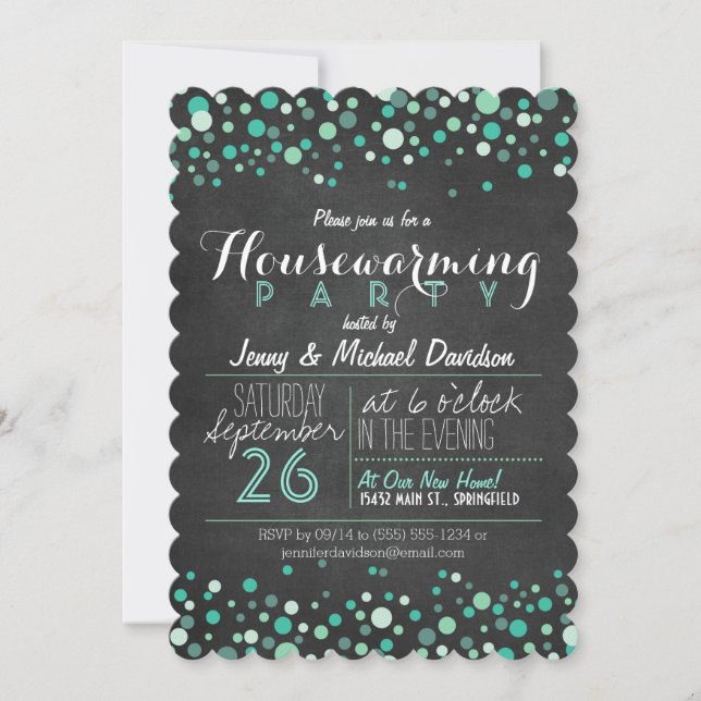 Glitzy Teal Green Chalkboard Housewarming Party Invitation (Front)