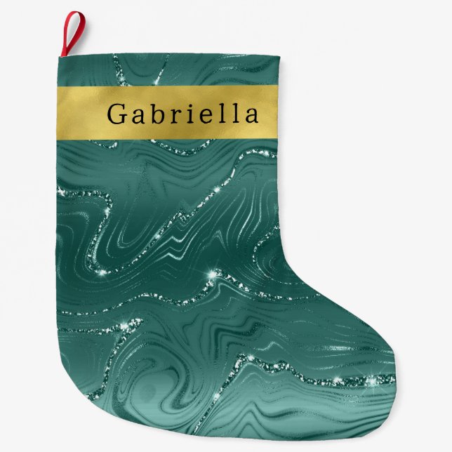 Glitzy Teal Green Gold Glitter Large Christmas Stocking (Front)
