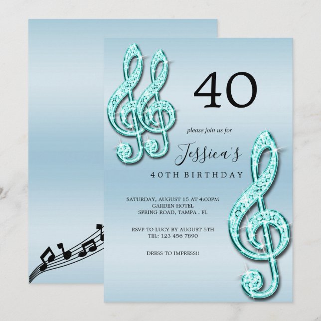 Glitzy Teal Music Notes Birthday Invitation (Front/Back)