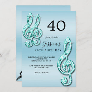Glitzy Teal Music Notes Birthday Invitation