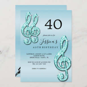 Glitzy Teal Music Notes Birthday Invitation