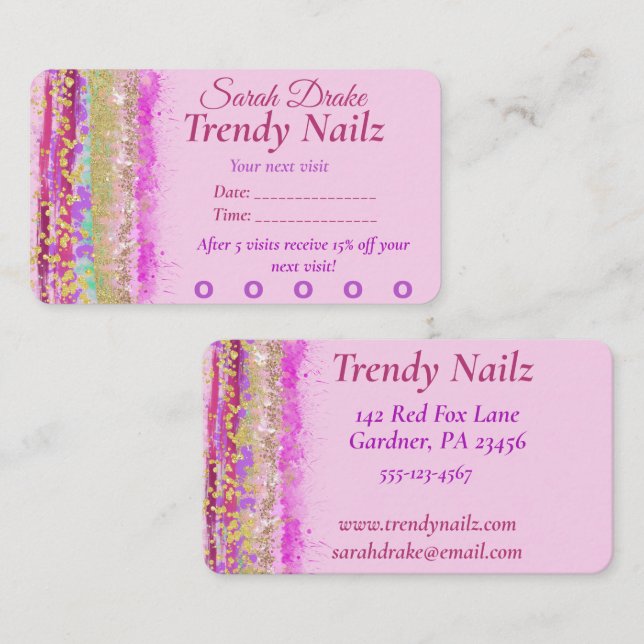 Glitzy Watercolor Pink Purple Gold Nail Salon Business Card (Front/Back)
