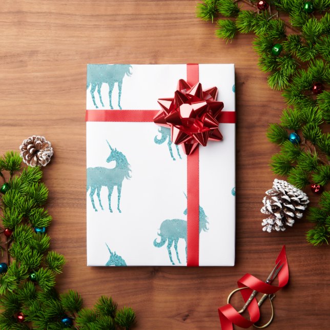 Glitzy White Aqua Sparkle Unicorn Wrapping Paper (Holiday Gift)