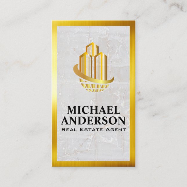 Global Buildings | Marble | Gold Border Business Card (Front)