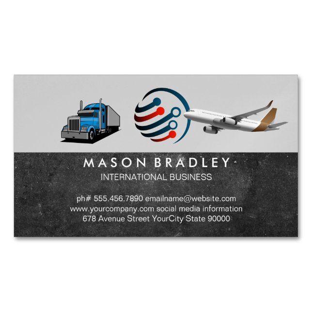 Global Logo | Semi Truck | Commercial Plane Magnetic Business Card (Front)