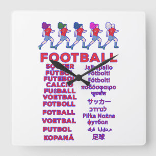 Global Women Soccer Multilingual Names Sports Fan Square Wall Clock