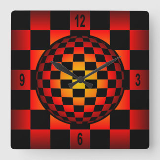 Globe Chess ~ Chequerboard ~ Black & Fire Colour ~ Square Wall Clock
