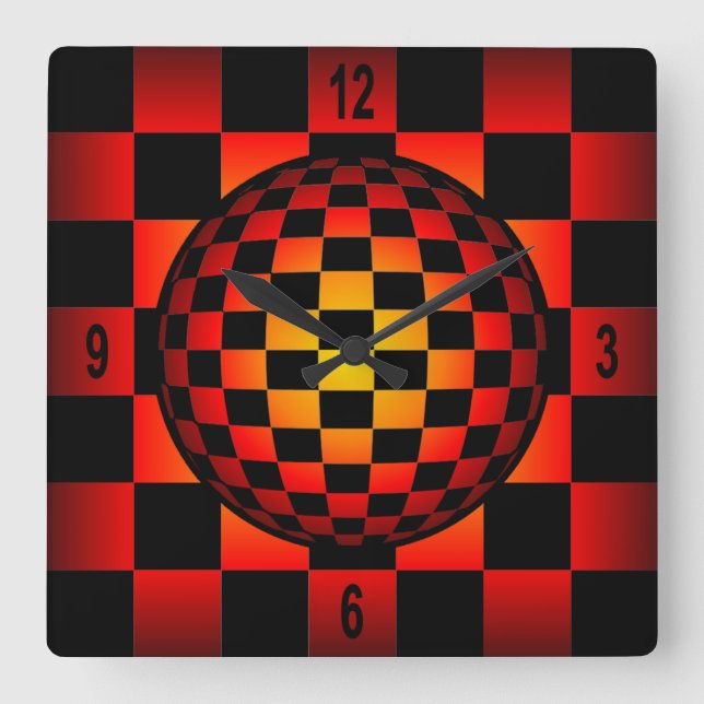Globe Chess ~ Chequerboard ~ Black & Fire Colour ~ Square Wall Clock (Front)