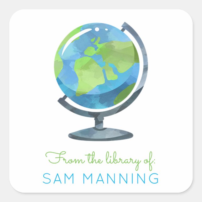 Globe Library Bookplate Square Sticker (Front)