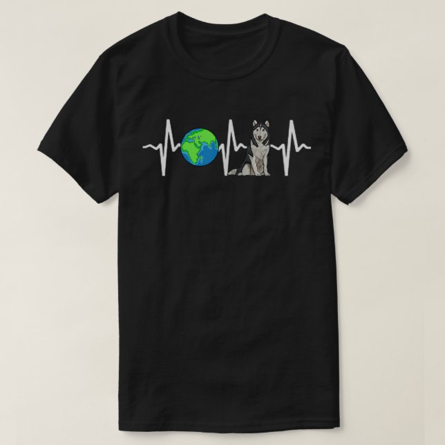 Globe Planet Earth Siberian Husky Heartbeat Dog Lo T-Shirt (Design Front)