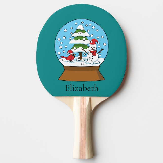 Globe w Cardinal Snowman & Pine Tree | Personalise Ping Pong Paddle (Front)