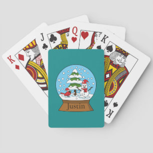 Globe w Cardinal Snowman & Pine Tree Personalise Playing Cards