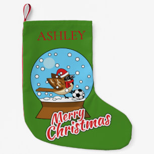 Globe w Cute Sparrow Playing Soccer   Personalise Small Christmas Stocking