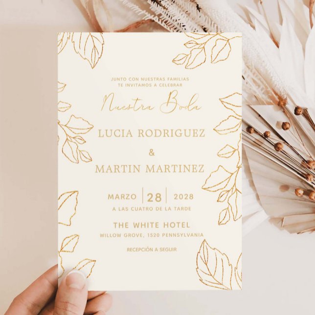 Glod Leaf Cream Spanish Nuestra Boda Invitation (Creator Uploaded)