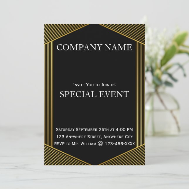 Gloden Frame Black Corporate Party Invitation Card (Standing Front)