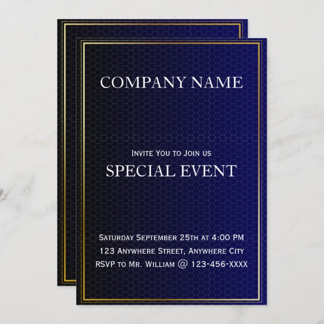 Gloden Frame Blue Corporate Party Invitation Card (Front/Back)