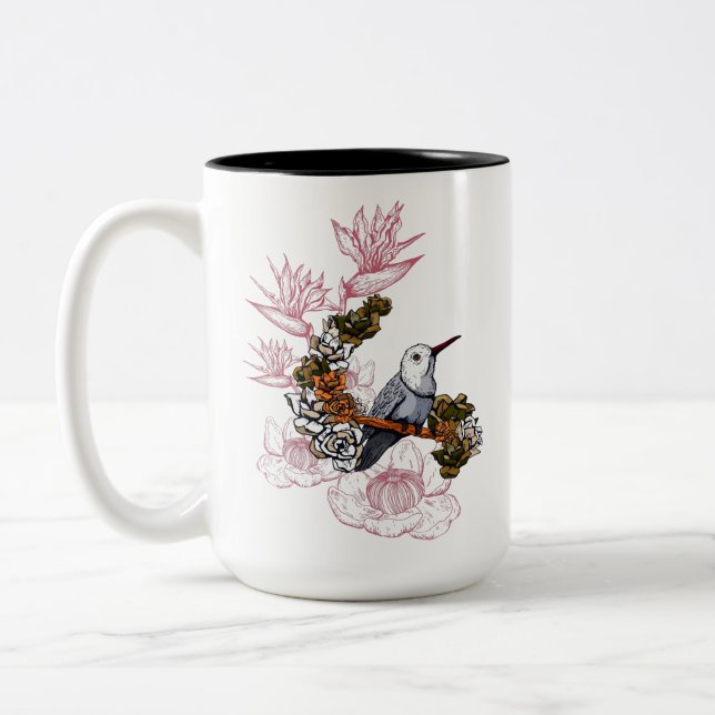 Gloomy Skull and Bird with Flowers Two-Tone Coffee Mug (Left)