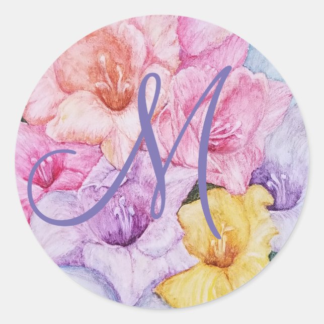 GLORIOUS GLADIOLA FLORAL CLASSIC ROUND STICKER (Front)