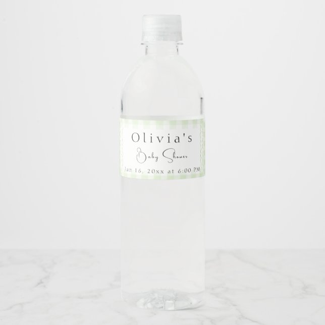 Glorious Green Gingham Water Bottle  Water Bottle Label (Front)