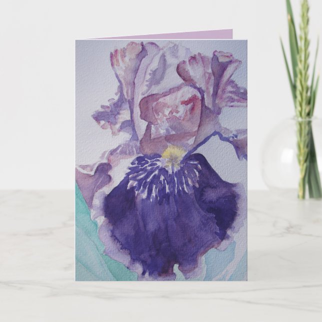 Glorious Purple Watercolor Iris Greetings Card (Front)