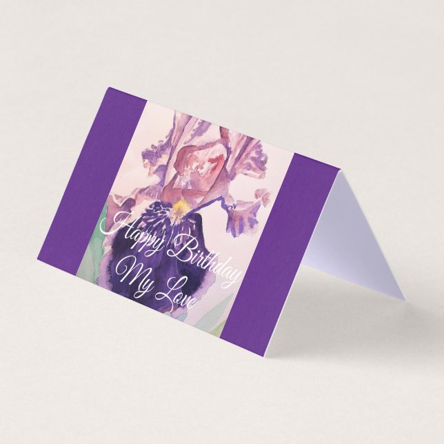 Glorious Purple Watercolor Iris Love Birthday Card (Front)