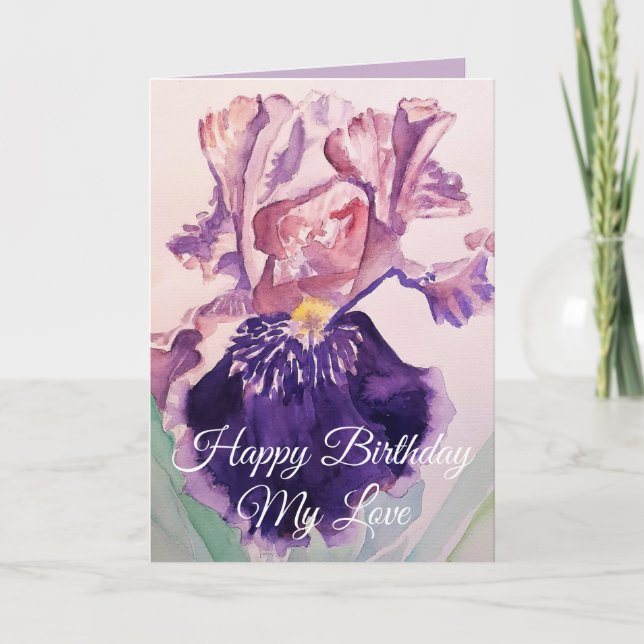 Glorious Purple Watercolor Iris Love Birthday Card (Front)
